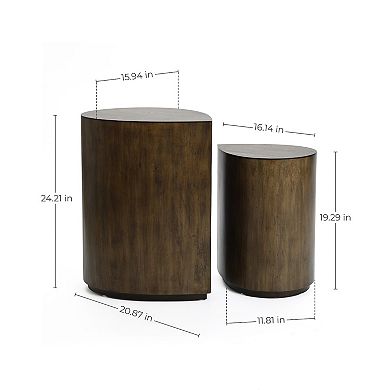 LuxenHome 2-Piece Teardrop Drum Wood Side Tables Set in Walnut Finish
