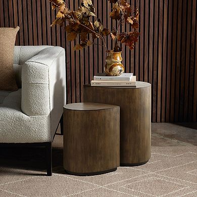 LuxenHome 2-Piece Teardrop Drum Wood Side Tables Set in Walnut Finish