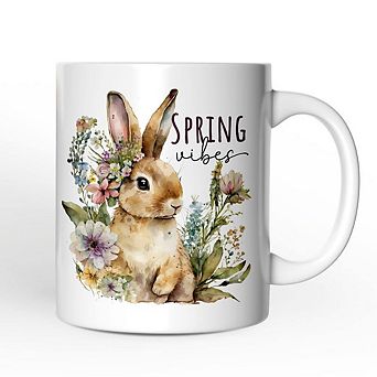 Artistic Watercolor Spring Vibes Mug, Floral Bunny