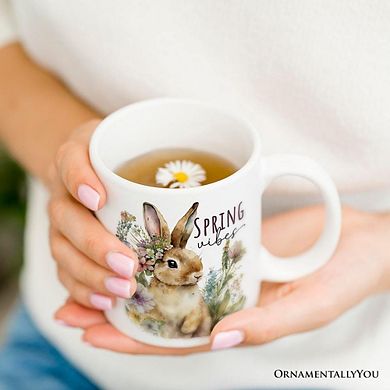 Artistic Watercolor Spring Vibes Mug, Floral Bunny