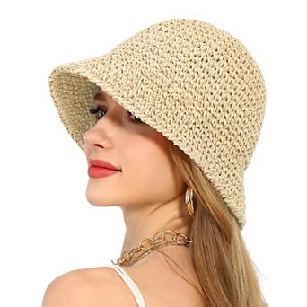 Women's Crochet Raffia Bucket Hat Foldable Wide Brim Sun Hat for Stylish Summer Protection