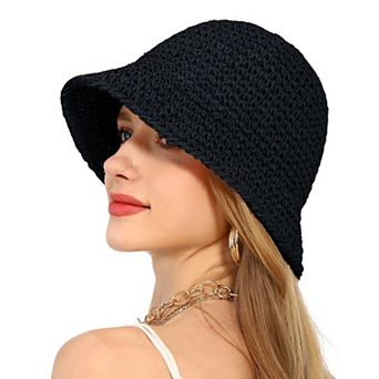 Women's Crochet Raffia Bucket Hat Foldable Wide Brim Sun Hat for Stylish Summer Protection