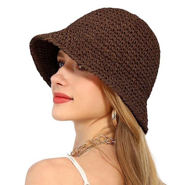 Women's Crochet Raffia Bucket Hat Foldable Wide Brim Sun Hat for