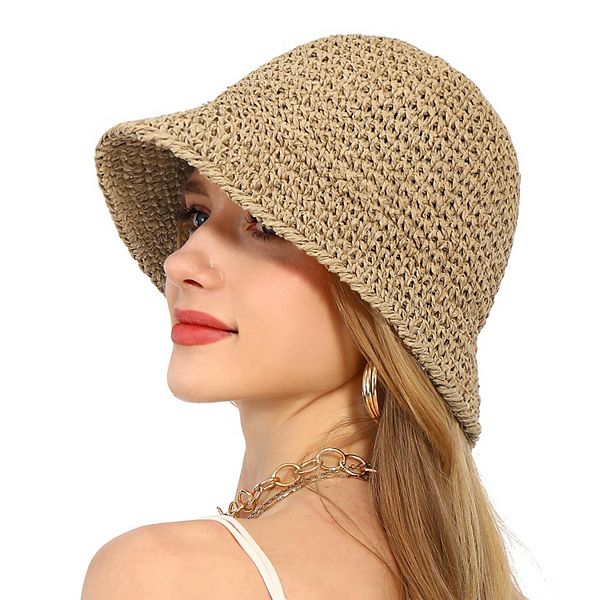 Women's Crochet Raffia Bucket Hat Foldable Wide Brim Sun Hat for