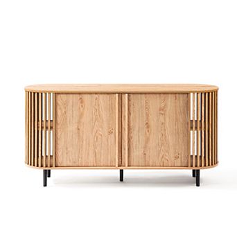 LuxenHome Light Oak Finish Engineered Wood 2-Door 58-Inch Wide Buffet Cabinet