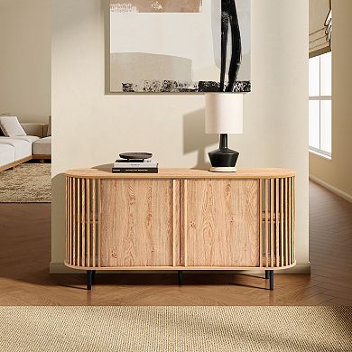 LuxenHome Light Oak Finish Engineered Wood 2-Door 58-Inch Wide Buffet Cabinet