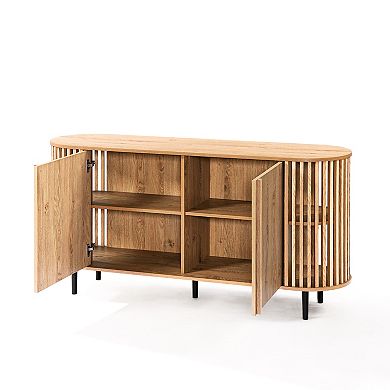 LuxenHome Light Oak Finish Engineered Wood 2-Door 58-Inch Wide Buffet Cabinet