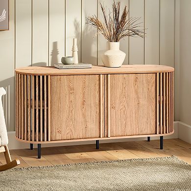 LuxenHome Light Oak Finish Engineered Wood 2-Door 58-Inch Wide Buffet Cabinet