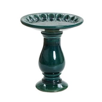 LuxenHome Dark Green Flower 21.65-Inch Tall Ceramic Birdbath