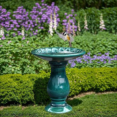 LuxenHome Dark Green Flower 21.65-Inch Tall Ceramic Birdbath