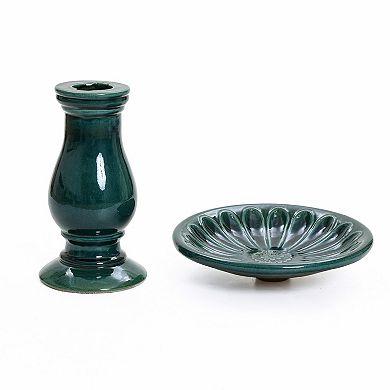 LuxenHome Dark Green Flower 21.65-Inch Tall Ceramic Birdbath