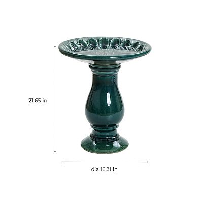 LuxenHome Dark Green Flower 21.65-Inch Tall Ceramic Birdbath