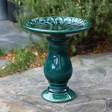 LuxenHome Dark Green Flower 21.65-Inch Tall Ceramic Birdbath