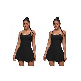 2 Packs Women's Spaghetti Strap Tennis Dress with Built-in Bra Shorts Side Slit Square Neck Dresses