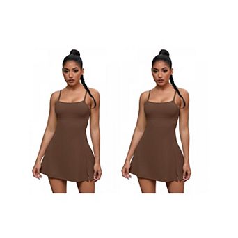 2 Packs Women's Spaghetti Strap Tennis Dress with Built-in Bra Shorts Side Slit Square Neck Dresses