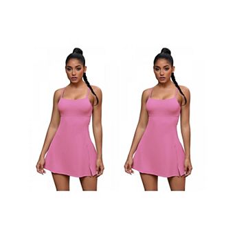 2 Packs Women's Spaghetti Strap Tennis Dress with Built-in Bra Shorts Side Slit Square Neck Dresses