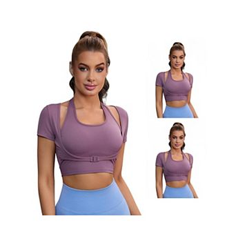 3 Packs Women's Halter Neck Short Sleeve Workout Crop Top Front Closure Slim Fit Fitness tShirt Tops