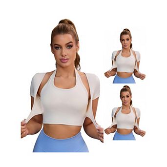 3 Packs Women's Halter Neck Short Sleeve Workout Crop Top Front Closure Slim Fit Fitness tShirt Tops