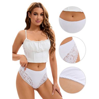 3 Packs Women's Lace Trim Mid-Waisted Thongs Underwear