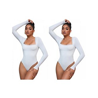 2 Packs Women's Lace Square Neck Shapewear Bodysuit Long Sleeve Tummy Control Leotard Jumpsuit
