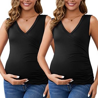 Women's 2 pc Crossover V Neck Ruched Sleeveless Basic Maternity Shirt Breastfeeding Tank Nursing Top
