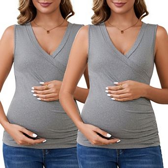 Women's 2 pc Crossover V Neck Ruched Sleeveless Basic Maternity Shirt Breastfeeding Tank Nursing Top