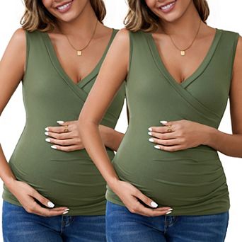 Women's 2 pc Crossover V Neck Ruched Sleeveless Basic Maternity Shirt Breastfeeding Tank Nursing Top