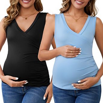 Women's 2 pc Crossover V Neck Ruched Sleeveless Basic Maternity Shirt Breastfeeding Tank Nursing Top