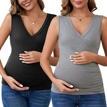 Women's 2 pc Crossover V Neck Ruched Sleeveless Basic Maternity Shirt Breastfeeding Tank Nursing Top