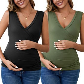 Women's 2 pc Crossover V Neck Ruched Sleeveless Basic Maternity Shirt Breastfeeding Tank Nursing Top