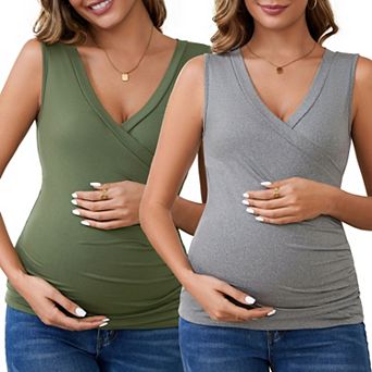 Women's 2 pc Crossover V Neck Ruched Sleeveless Basic Maternity Shirt Breastfeeding Tank Nursing Top