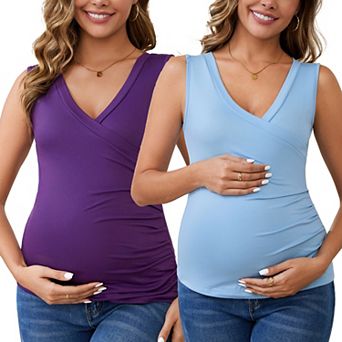Women's 2 pc Crossover V Neck Ruched Sleeveless Basic Maternity Shirt Breastfeeding Tank Nursing Top