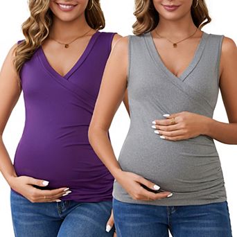 Women's 2 pc Crossover V Neck Ruched Sleeveless Basic Maternity Shirt Breastfeeding Tank Nursing Top