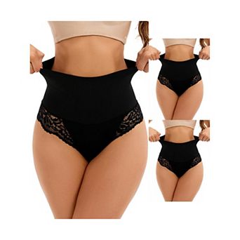 3 Packs Women's Lace Trim Tummy Control Underwear Briefs High Waist Flatten Stomach Shaping Panties