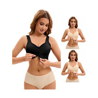3 Packs Women's Lace Front Closure Full Coverage Vest Soft Wirefree Breathable Bras