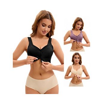 3 Packs Women's Lace Front Closure Full Coverage Vest Soft Wirefree Breathable Bras