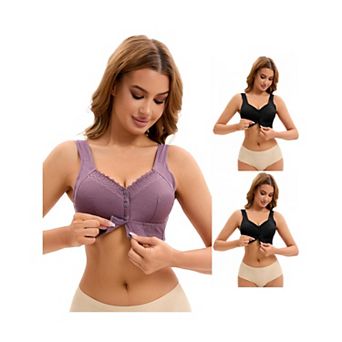 3 Packs Women's Lace Front Closure Full Coverage Vest Soft Wirefree Breathable Bras