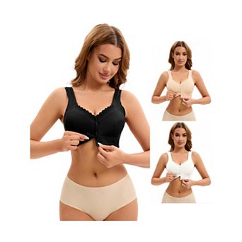 3 Packs Women's Lace Front Closure Full Coverage Vest Soft Wirefree Breathable Bras