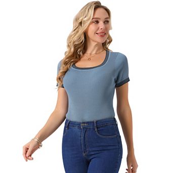 Women's Short Sleeve Bodysuit Square Neck Slim Fit Dressy Sweater Romper Ribbed Knit Jumpsuit