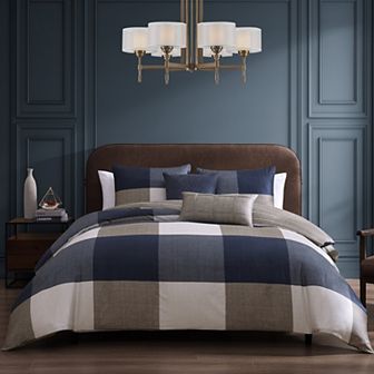 Bebejan Checkered Navy Tan 100% Cotton Sateen 5 pc Reversible Comforter Set