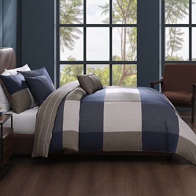 Bebejan Checkered Navy Tan 100% Cotton Sateen 5 Piece Reversible Comforter Set