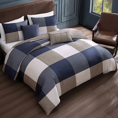 Bebejan Checkered Navy Tan 100% Cotton Sateen 5 Piece Reversible Comforter Set