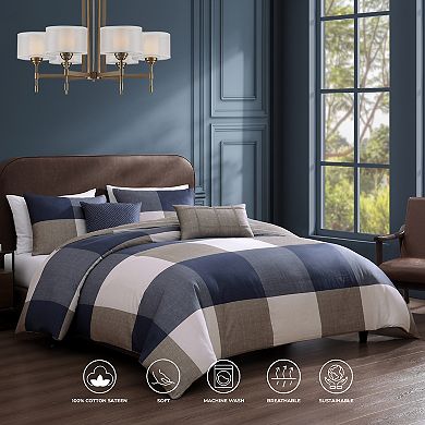 Bebejan Checkered Navy Tan 100% Cotton Sateen 5 Piece Reversible Comforter Set
