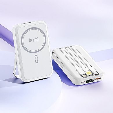 10000mAh Magnetic Power Bank w/ Stand- 3 Cables & Wireless Charging