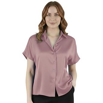 Women's Satin Short Sleeve Button Down Shirt