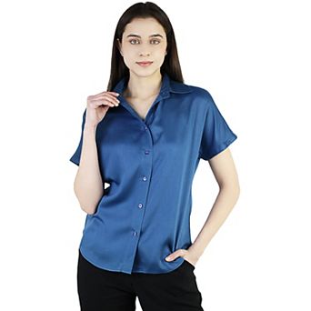 Women's Satin Short Sleeve Button Down Shirt