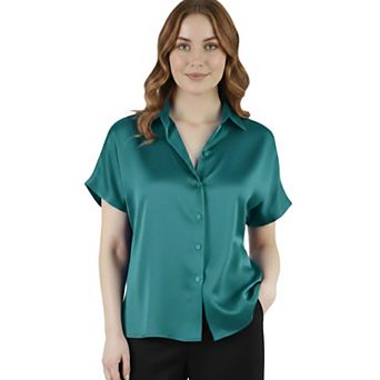Women's Satin Short Sleeve Button Down Shirt