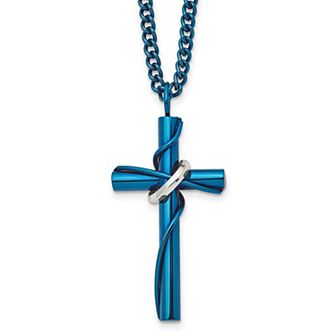 Men's Kristen Kesho Blue Ion-Plated Stainless Steel Cross with Movable Ring Pendant Necklace