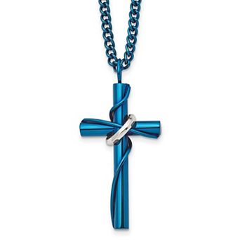 Men's Kristen Kesho Blue Ion-Plated Stainless Steel Cross with Movable Ring Pendant Necklace