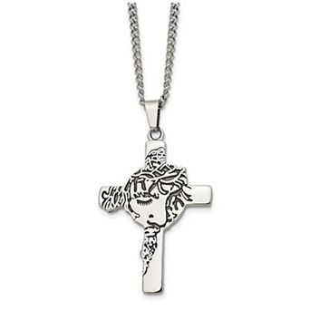 Men's Kristen Kesho Stainless Steel Antiqued Jesus Face Cross Pendant Necklace